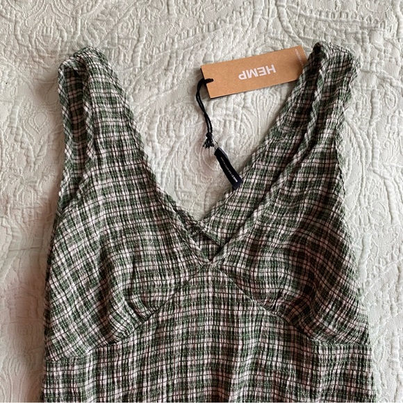 Afends Base Seersucker Maxi Dress XS Deep Green Check Gingham Hemp Tencel NWT - Picture 8 of 13